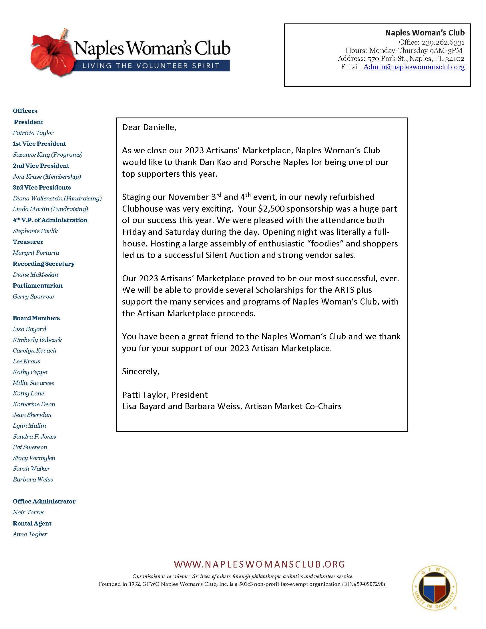 Naples Womens Club Thank you Letter